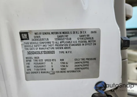 2007 Buick Rendezvous Cx z USA, uszkodzony, nr VIN 3G5DA03L87S506920